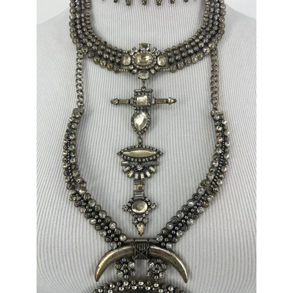 Free People Multilayered Antiqued Silver & Rhinestone Necklace - Picture 6 of 16